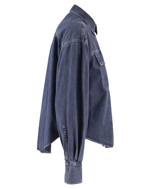 Brunello Cucinelli Blue Cropped Denim Shirt With Patch Pockets