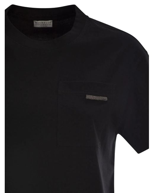 Brunello Cucinelli Black Cotton Jersey T-Shirt With Shiny Tab