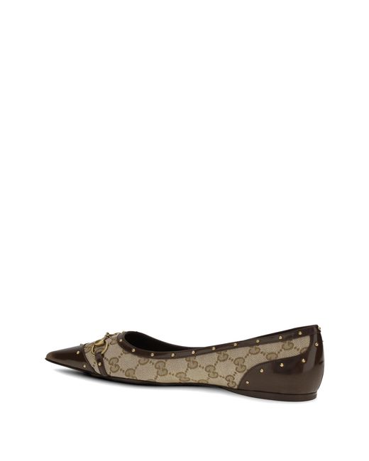 Gucci White Horsebit Studded Ballet Flats