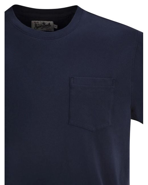 Mc2 Saint Barth Blue Stretch Cotton Piqué T-Shirt With Patch Pocket for men