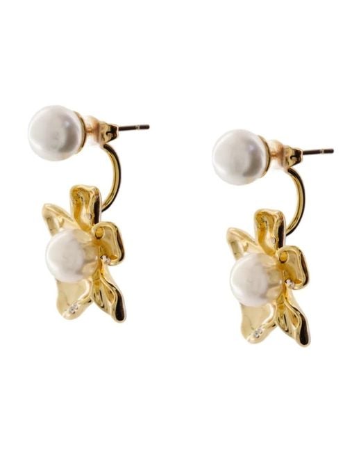 Self-Portrait Metallic Flower Pearl Jacket Earrings