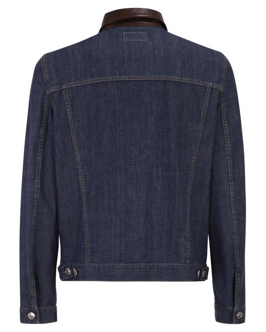 Brunello Cucinelli Blue Lightweight Denim Jacket With Leather Collar for men