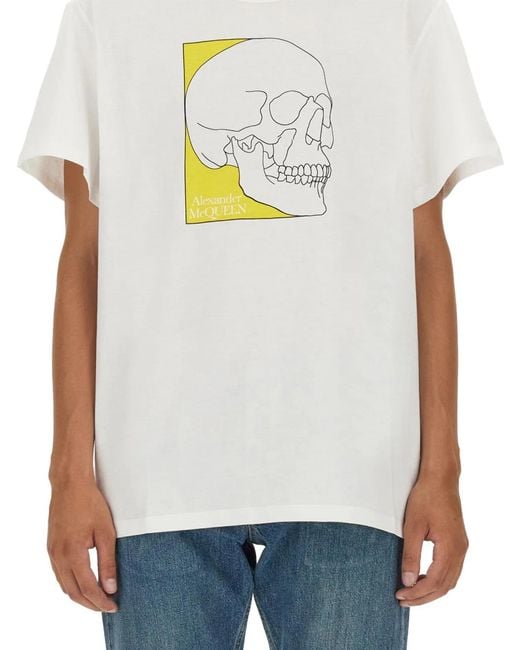 McQueen White Skull Print T Shirt for men
