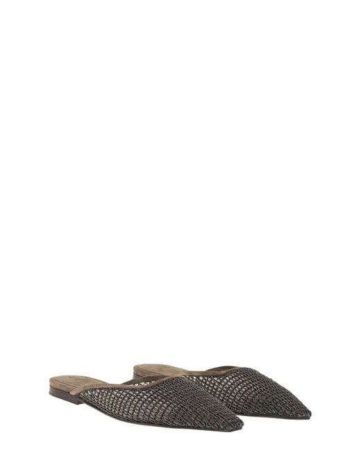 Brunello Cucinelli Black Suede Mules With Precious Net Embroidery