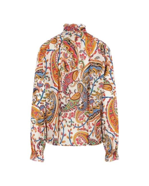 Etro White Paisley-Print Tie-Neck Silk Blend Blouse