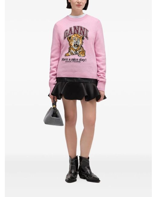 Ganni Pink Wool Crewneck Sweater