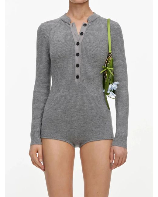 Self-Portrait Gray Knitted Romper With Buttons