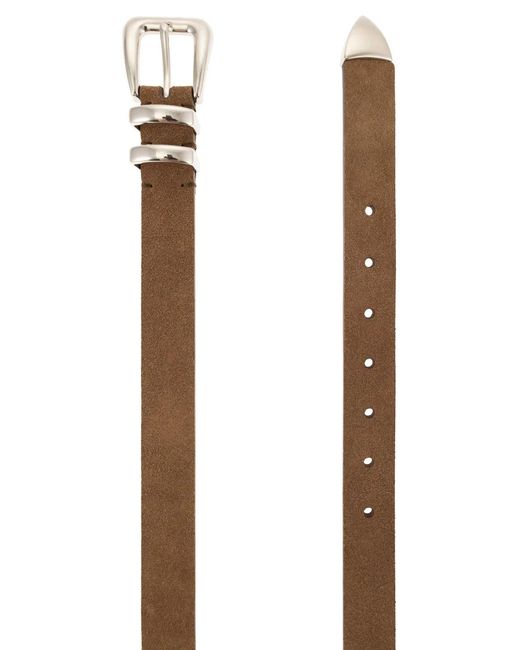 Brunello Cucinelli Brown Slim Suede Belt With Polished Metal Details for men