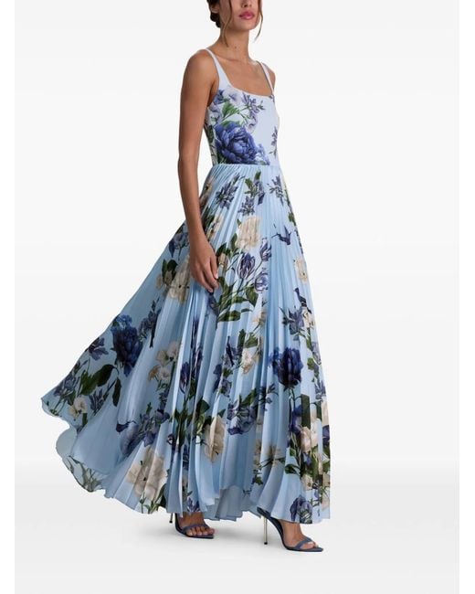 Alice + Olivia Blue Floral Sleeveless Pleated Dress