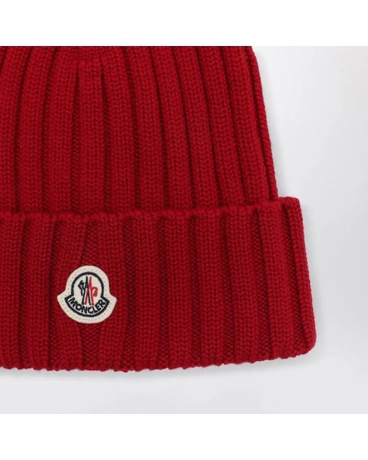 Moncler Red Cable-Knit Wool Beanie With Logo