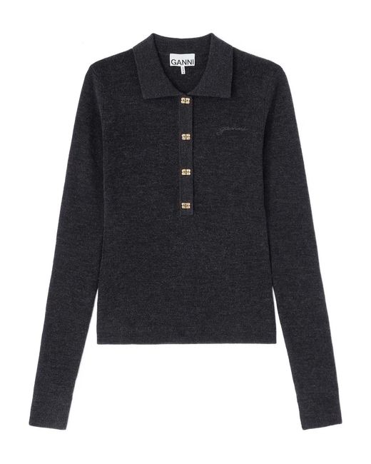 Ganni Blue Knitted Polo Shirt