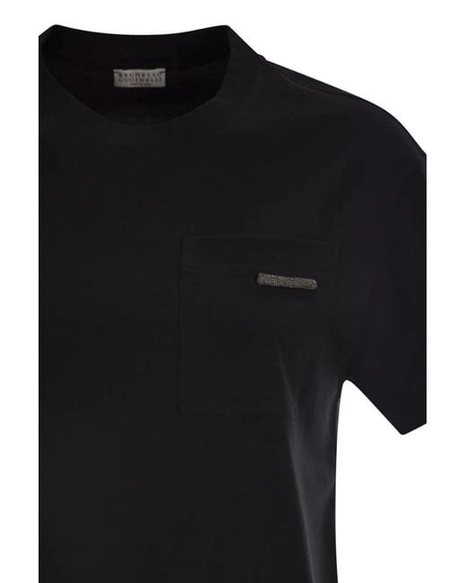 Brunello Cucinelli Black Cotton Jersey T-Shirt With Shiny Tab