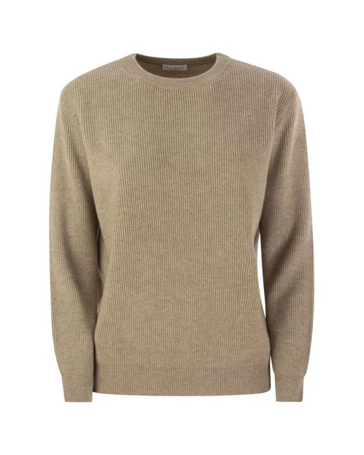 Brunello Cucinelli Natural English Rib Cashmere Sweater With Monile