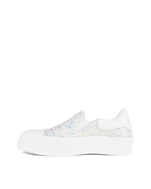 McQueen White Deck Plimsoll Glitter Slip On Sneakers