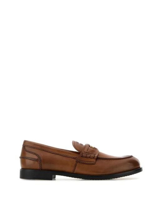 Miu Miu Brown Vintage-Effect Leather Penny Loafers