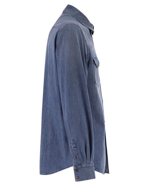Peserico Blue Lightweight Cotton Denim Shirt With Patch Pockets for men