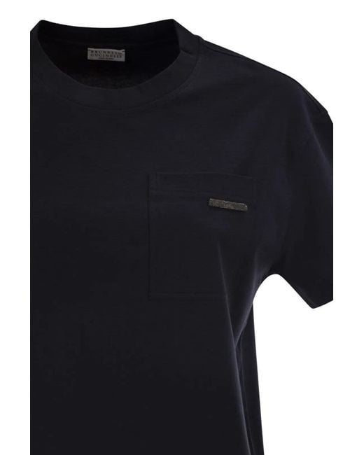 Brunello Cucinelli Black Cotton Jersey T-Shirt With Shiny Tab