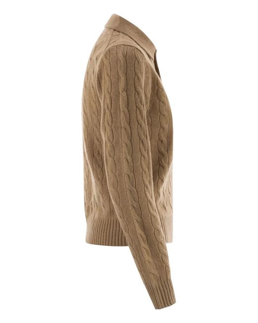 Polo Ralph Lauren Brown Wool And Cashmere Polo Shirt With Cable Knit