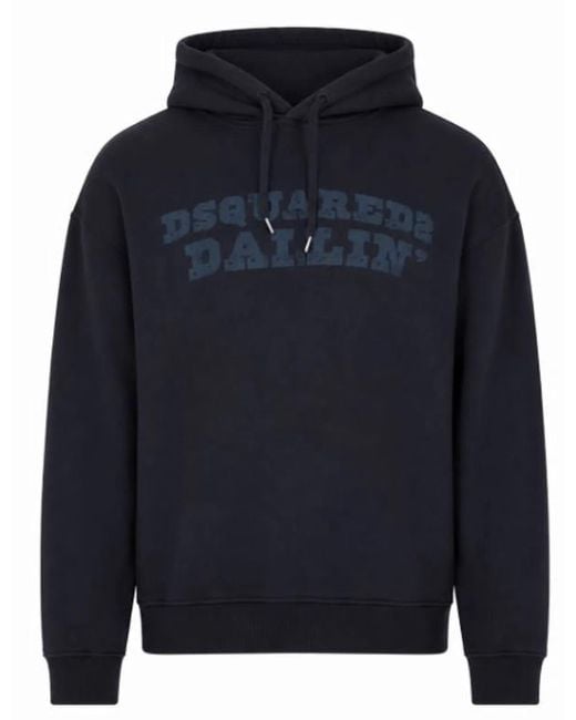 DSquared² Blue Cotton Hooded Graphic Print Sweater for men