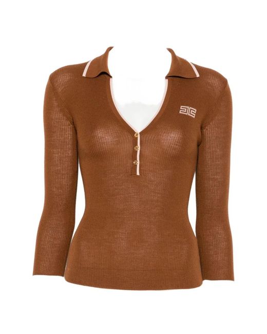 Elisabetta Franchi Brown Crew Neck Ribbed Trim