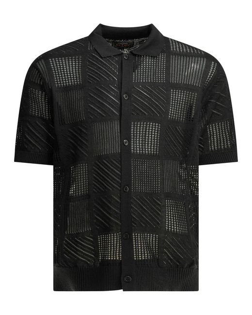 Beams Plus Black Cotton Nylon Spandex Textured Knit Button-Down Polo Shirt for men