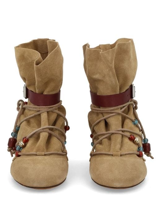 Isabel Marant Natural Suede Slouch Ankle Boots With Beaded Lace-Up Detail