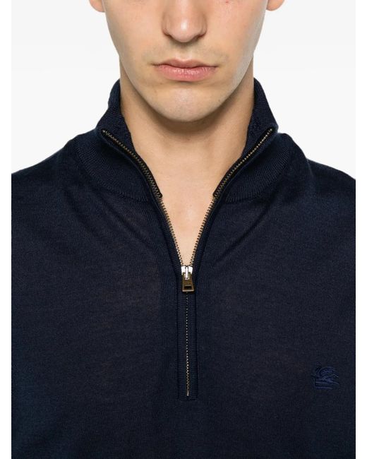 Etro Blue Wool And Silk Zip-Up Sweater With Pegasus Embroidery for men