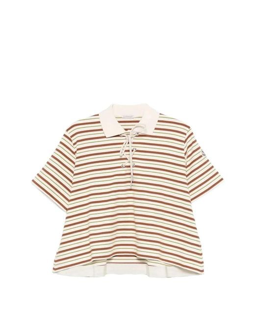 Moncler White Polo Rayé Crop À Lacets Marron Et Vert