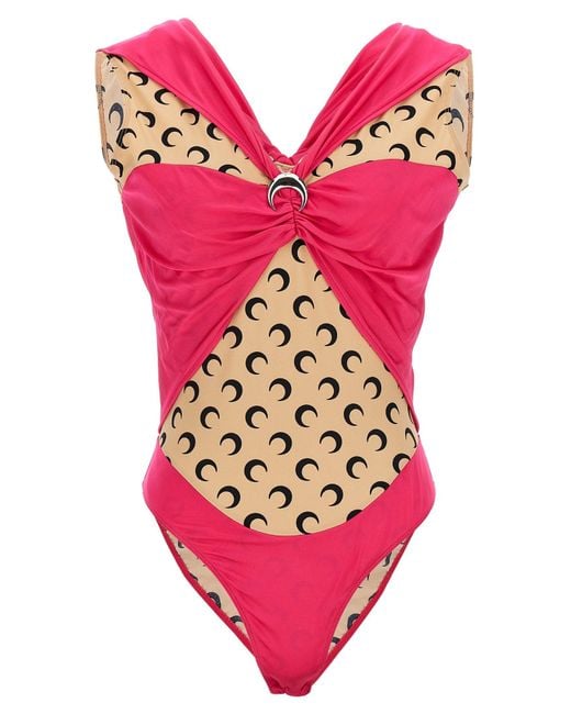 MARINE SERRE Pink Patchwork Bodysuit With All-Over Logo Print