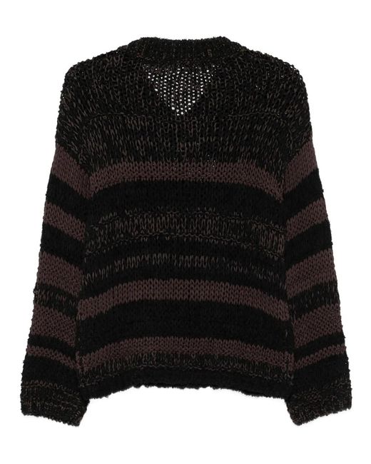 Roberto Collina Black Chunky-Knit V-Neck Striped Sweater