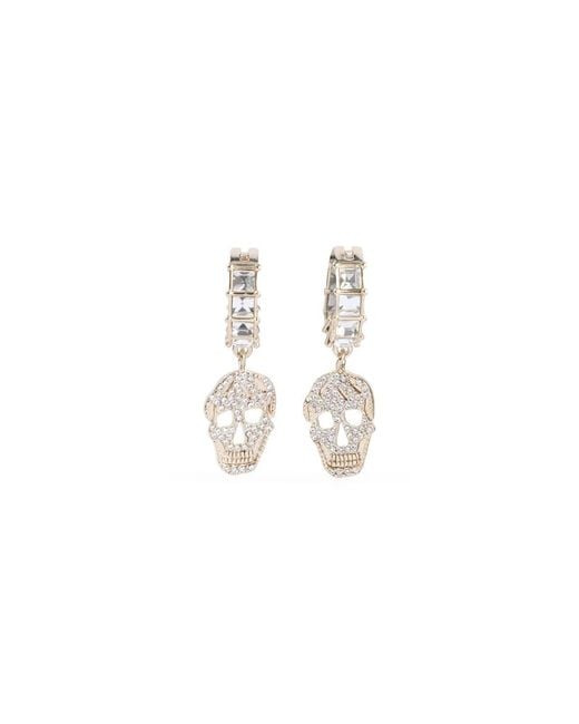 McQueen White Pale Strass Pavè Skull Earrings