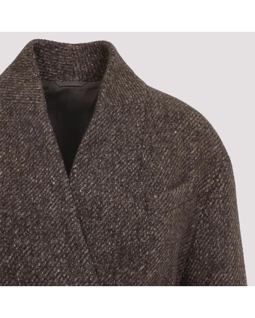 Brunello Cucinelli Brown Wool And Cashmere Diagonal Mélange Coat With Belt And Necklace
