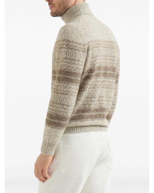 Brunello Cucinelli White Jacquard-Knit Roll-Neck Sweater for men