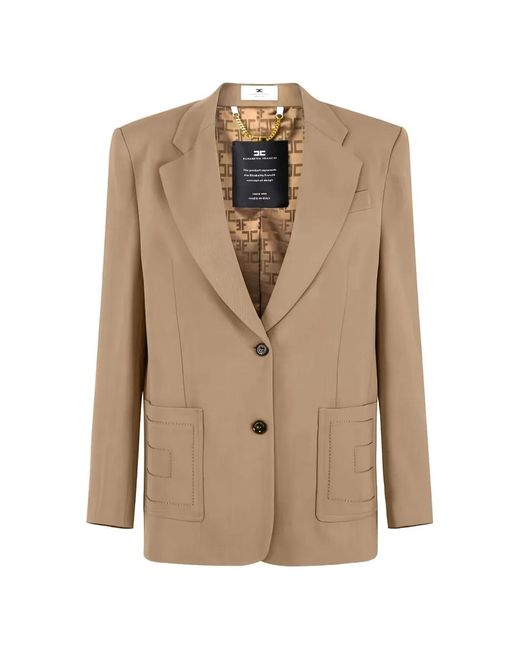 Elisabetta Franchi Natural Single-Breasted Gabardine Blazer With Embroidered Pockets