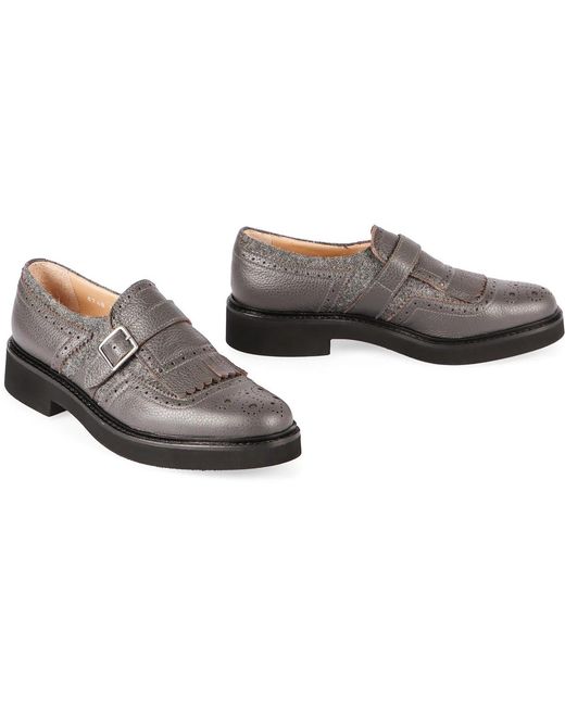 Doucal's Gray Leather Shoes With Buckle And Fringes
