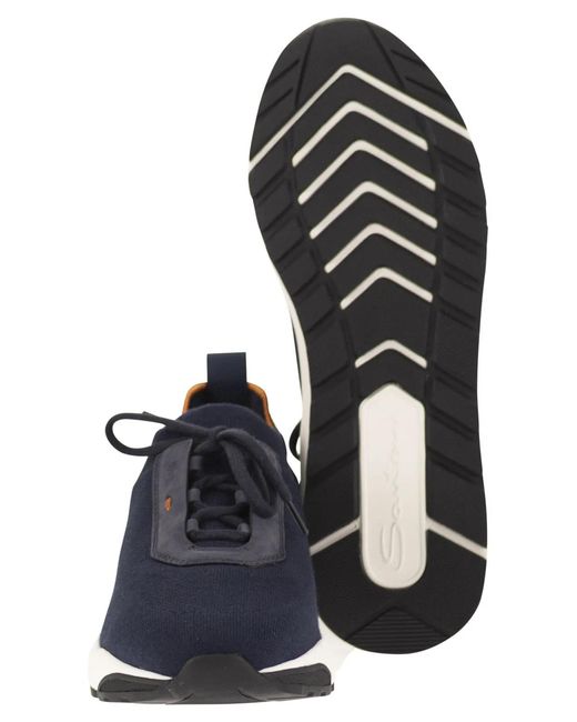 Santoni Blue Textile And Leather Trainers With Raised Sole for men