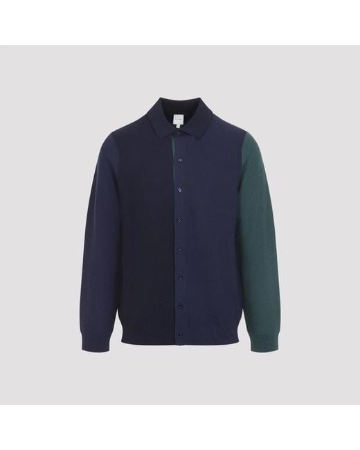 Paul Smith Blue Very Dark Wool Knit Cardigan Shirt for men
