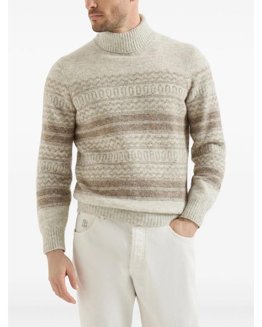 Brunello Cucinelli White Jacquard-Knit Roll-Neck Sweater for men