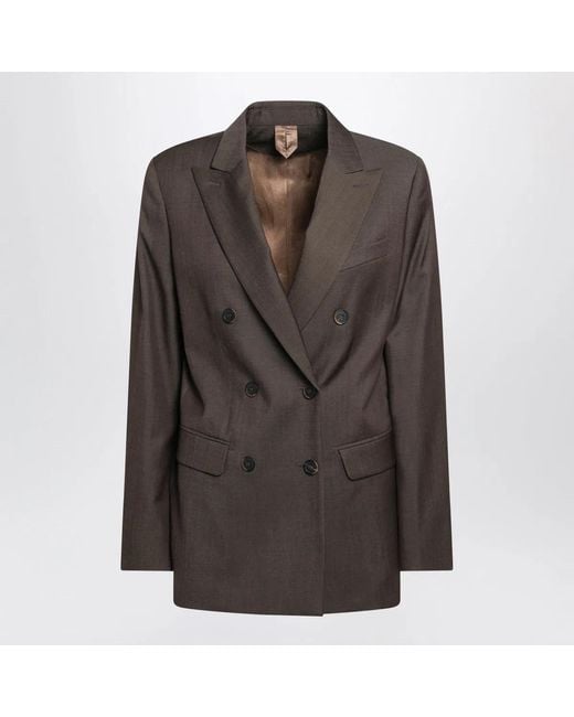 Max Mara Brown Leather Double-Breasted Wool Jacket