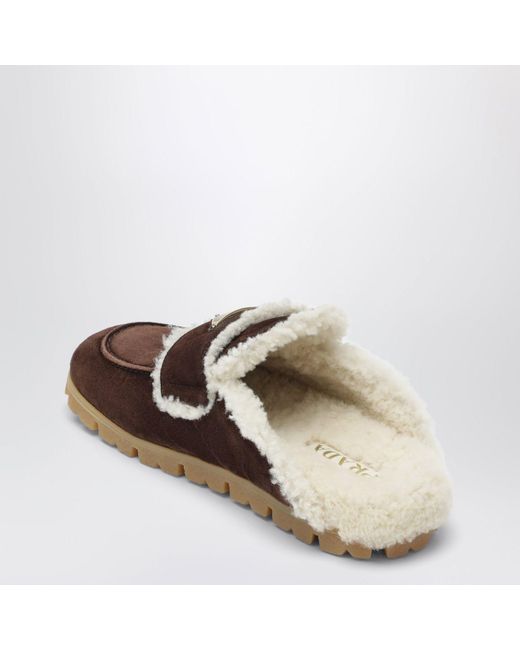 Prada Brown Suede And Shearling Clogs