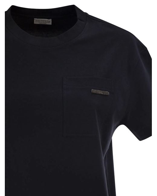 Brunello Cucinelli Black Cotton Jersey T-Shirt With Shiny Tab