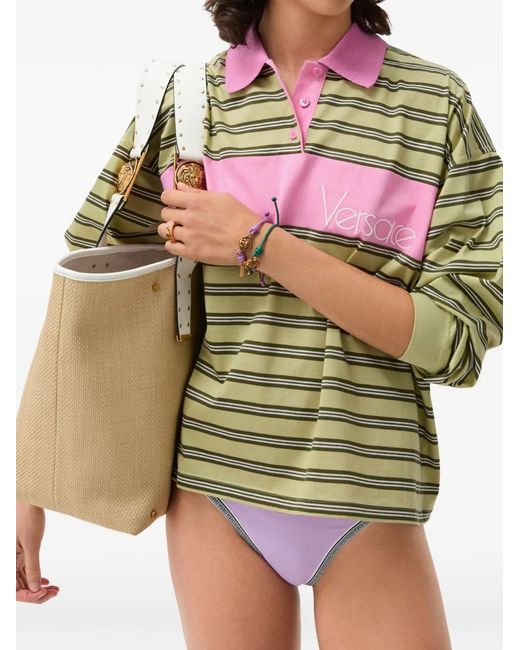 Versace Green Striped Cotton Polo Shirt With Inlay
