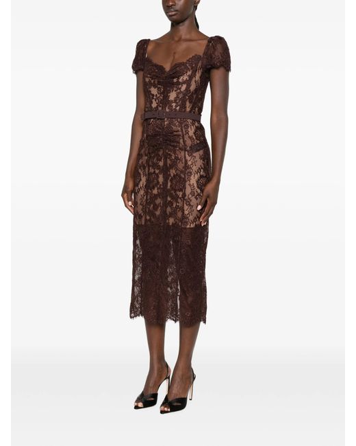 Self-Portrait Brown Floral Lace Midi Dress