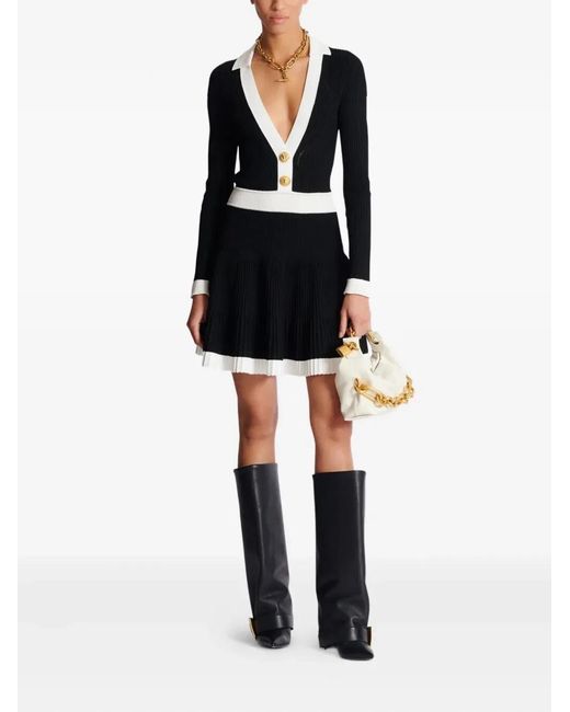 Balmain Black Long Sleeves V-Neck Flare Knit Dress
