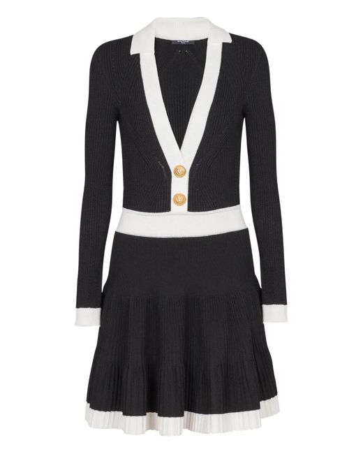 Balmain Black Long Sleeves V-Neck Flare Knit Dress