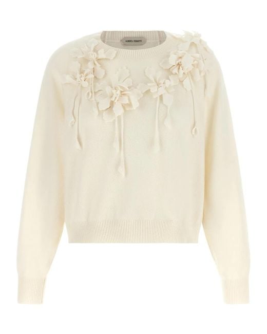 Alberta Ferretti White Embroidered Flower Sweater
