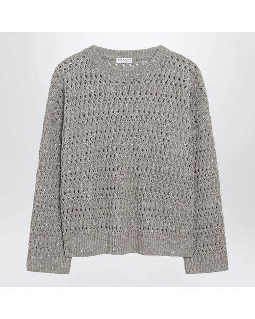 Brunello Cucinelli Gray Crochet Crewneck Sweater With Sequins