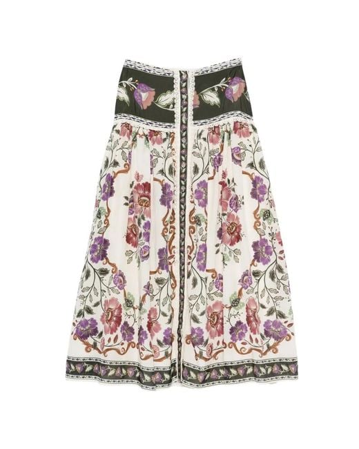 Farm Rio Multicolor Natural Skirt With Flowers And Buttons