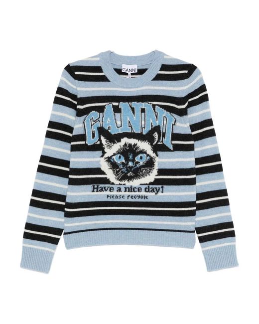 Ganni Blue Wool Crewneck Sweater
