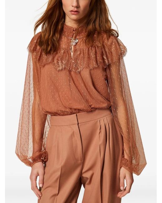 Twinset Brown Lace Ruffled Shirt